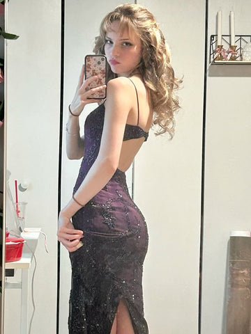 Retro Exquisite Sheath Spaghetti Strap Beaded Purple Satin Long Party Dress Evening Dress Date Dress HZ1023